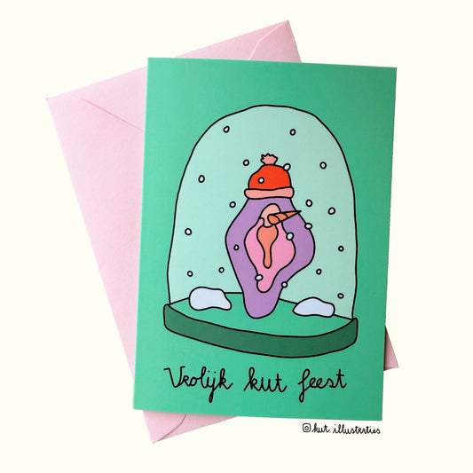 Vrolijk Kut Feest - Dubbele A6 Postkaart + Roze envelop